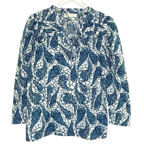 Bindu XS Laurie Top In Blue Feather Print 100% Cotton Ruffle Peasant Cottage - Picture 1 of 9